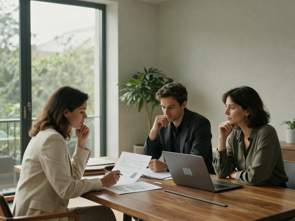 An illustrative business review session, with consultants analysing performance reports together
